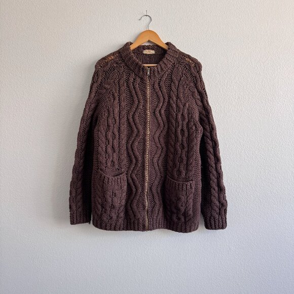 Handmade Sweaters - Vintage Unique Hand Knit Brown Zippered Fisherman Knit Cardigan - XS-M